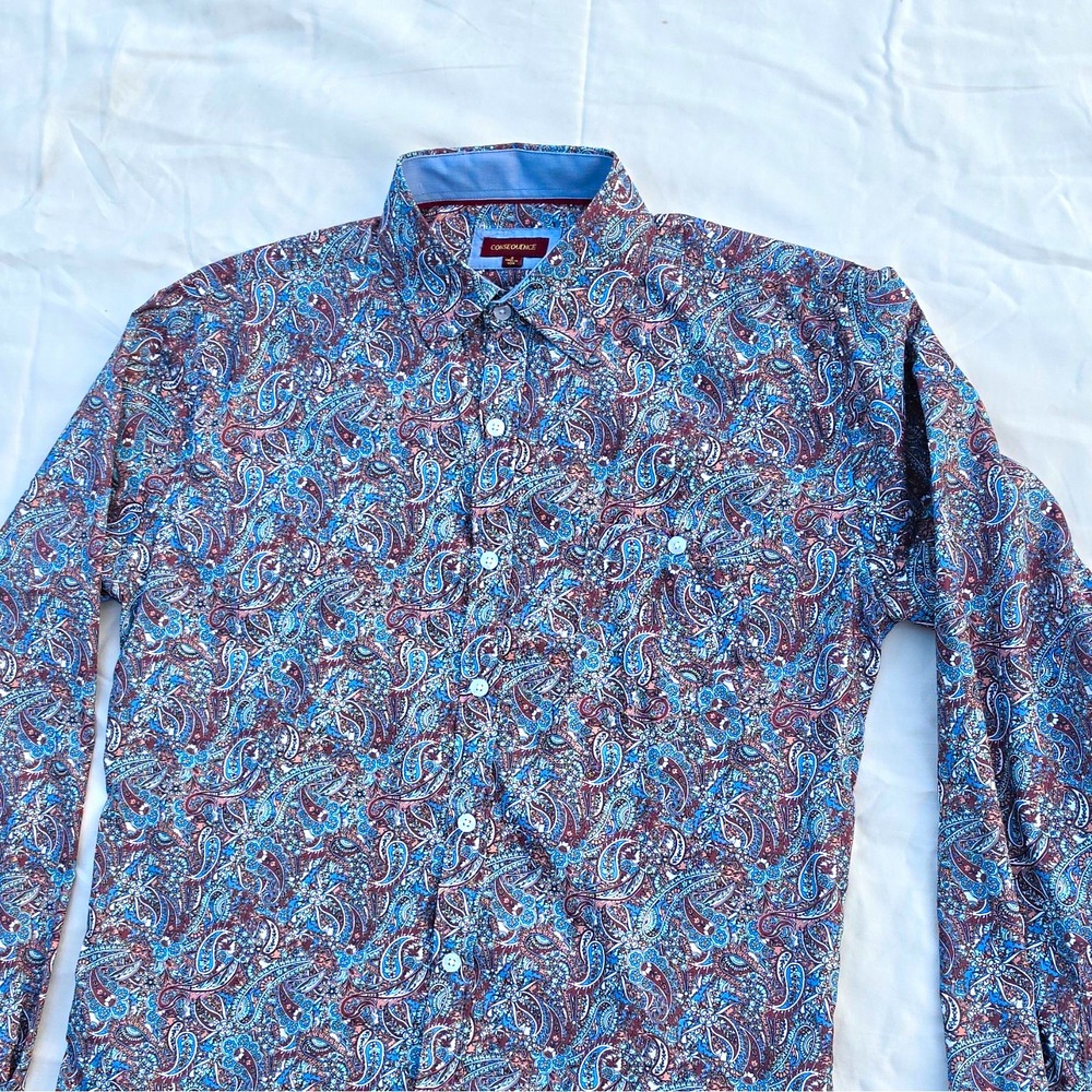 Consequence Men's Woven Poly/Spandex Paisley LS Button-Up S Brown/Blue #255